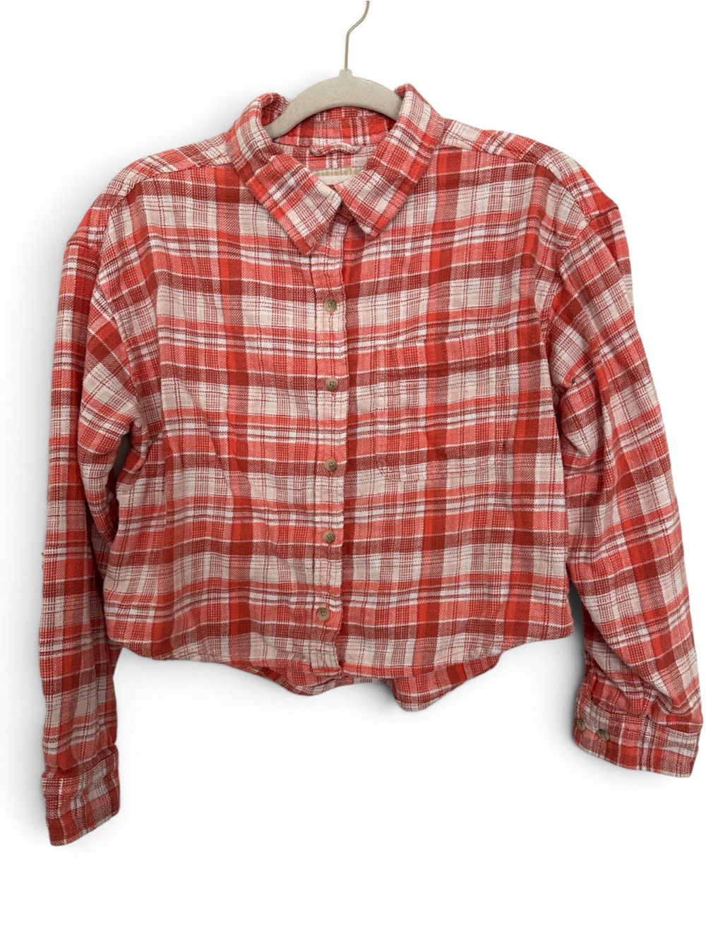 American Eagle Cropped Distressed Flannel Shirt – Size Medium